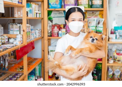 Asian Woman In Mask Hugging Sick Pomeranian Dog In Vet Clinic. Young Happy Female And Small Brown Puppy With Animal Snack On Background In Pets Shop. Life During Coronavirus Or Covid-19