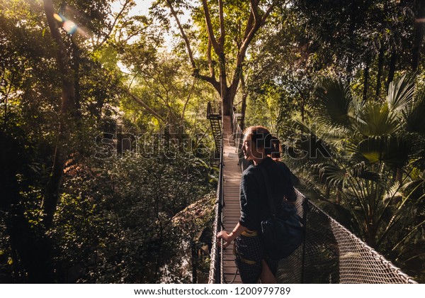 Asian Woman on the canopy walk\
(tree top walk), new activity for travel in the forest by walking\
across the long wooden bridge in Chiang rai, north of\
thailand