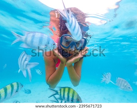 Asian woman on a snorkeling trip at Samaesan Thailand. dive underwater with Nemo Clown fishes in the coral reef sea pool. 