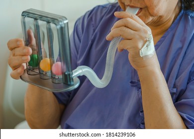 Asian Woman Patient Using Incentive Spirometer Inhalation Exercise Pulmonary Alveoli Restore Breath Training Lung Capacity Physical Therapy Covid19