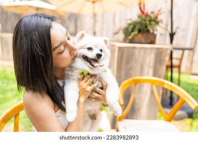 Asian woman playing with her pomeranian dog at pets friendly dog park cafe. Domestic dog with owner have fun urban outdoor lifestyle on summer holiday vacation. Pet Humanization or pet parents concept