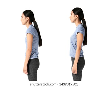 Asian woman with poor and good posture on white background - Shutterstock ID 1439819501