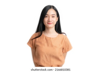 Asian Woman Portrait And Smile With Copy Space On White Background