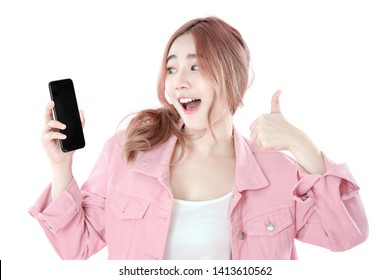 Asian Woman Recommend To Use Apps On  Smartphone, White Background