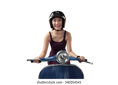 Asian Woman Riding A Blue Scooter Isolated Over White Background