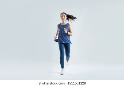 Asian Woman Run Marathon Studio White Background. 