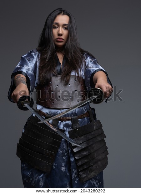 Asian Woman Samurai Pointing Katanas Front Stock Photo 2043280292