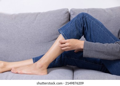 Asian Woman Scratching Her Leg Suffer From Allergy Itchy Skin