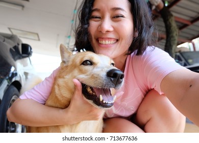 Asian Woman Selfie Dog Stock Photo (Edit Now) 1342160552