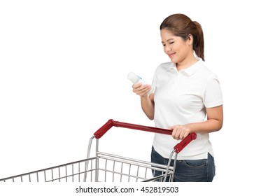 Asian Woman With Shopping Cart Isolated On White