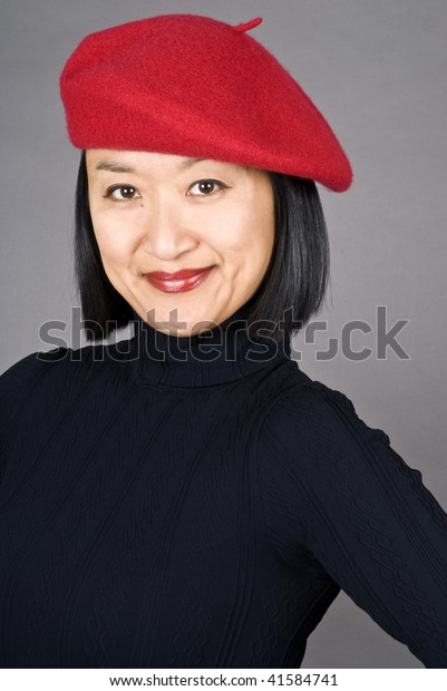 Asian Woman Short Hair Red Beret Stock Photo Edit Now 41584741