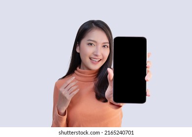 Asian Woman Show Big Mobile Phone Screen with Blank Copy Space - Shutterstock ID 2165240701