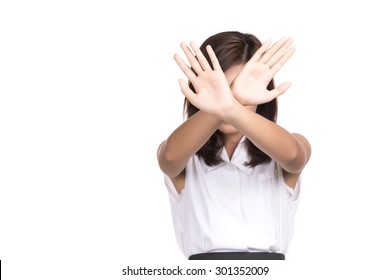 Asian Woman Showing Denial With NO On Her Hand With Blank Copy Space,Portrait Of Beautiful Asian Woman, Thai Girl, Negative Human Emotion Expression, Isolated On White Background