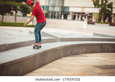 Asian woman skateboarder wearing facemask skateboarding in modern city - Powered by Shutterstock