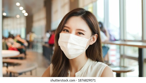 Asian Woman Smile At You With Surgical Mask Face Protection In The Restaurant