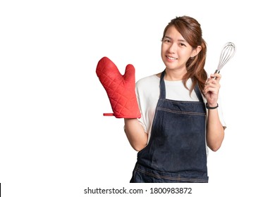 Asian Woman Smiling Wear White T-shirt With Apron, Show Hand With Heat Resistant Fabric Oven Gloves And Whisk For Bakery Isolate On White Background, With Clipping Path.