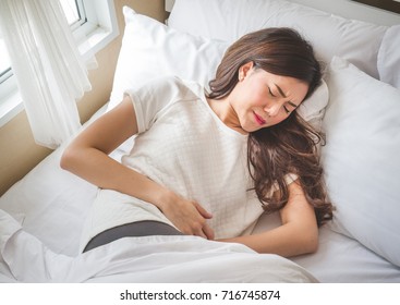 Asian Woman Stomachache, Feel Pain For Period Concept