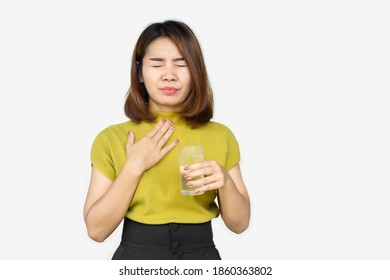 Asian Woman Suffering From Sore Throat Drinking Cold Water