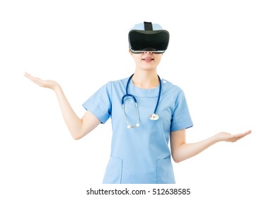 Asian Woman Surgeon Making Choice With Virtual Reality. VR Headset Glasses Device. Blackboard Background. School And Education Concept