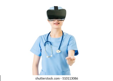 Asian Woman Surgeon Presenting With Virtual Reality. VR Headset Glasses Device. Blackboard Background. School And Education Concept