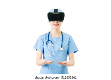 Asian Woman Surgeon Presenting With Virtual Reality. VR Headset Glasses Device. Blackboard Background. School And Education Concept