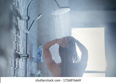 Asian Woman Taking A Shower With A Rain Shower The Back Of Her Picture