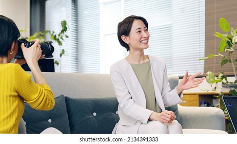 Asian Woman Talking Office Interview Shooting Stock Photo 2134391333 ...