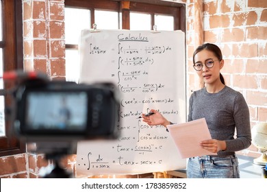 Asian Woman Teacher Teaching Online Lesson Via Internet At Home, Self Study And E-learning New Normal Concept