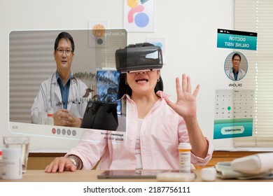 Asian Woman Telemedicine Doctor Online Visit With Virtual Reality Technology Vr Glasses At Home