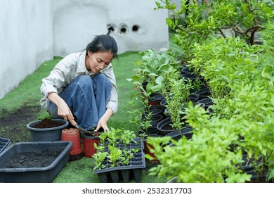 Asian woman tending to plants in a home garden while kneeling, preparing pots with soil for planting. hands-on sustainable organic gardening and the focus on producing home-grown vegetables. - Powered by Shutterstock