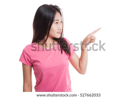 Asian woman touching the screen with her finger isolated on white background
