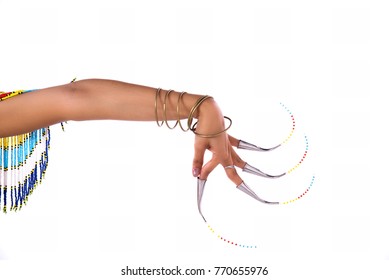 Asian woman in traditional costume of Southern Thailand. Nora dance show.Show dance arm position stretch out to the body side. Each finger nail wear color bead for beautiful dance.