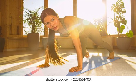 Asian Woman At Training Workout Doing Mountain Climber Exercise For Endurance. Young Female Person Strengthening Her Upper And Lower Body. Sporty Lady During Training Workout In Nice Golden Light.