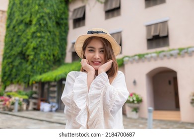 Asian Woman Traveling At The Old Town Italy Style,Alone Travel,Lifestyle Of Single Girl,View Mountain With Fog