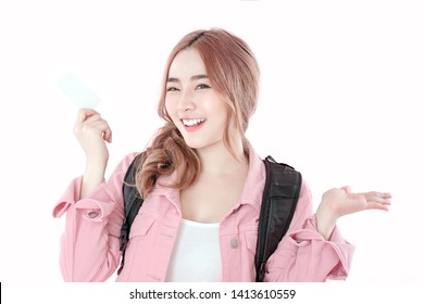 Asian woman use blank credit card for travel with white background