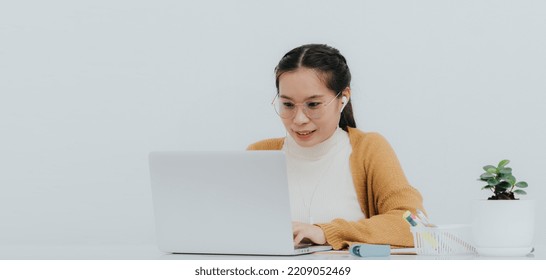 Asian Woman Use Computer For Work, Business Woman 