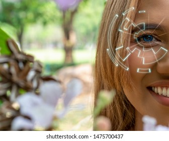 Asian Woman Using Futuristic HD Zoom Iris Contact Lens - Next Generation Tech Optical Ultra High Definition AI Vision - Real World Augmented Reality Search - Payment, Identification And Access Concept