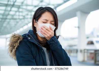 Asian Woman Wear Face Mask In Pollution City