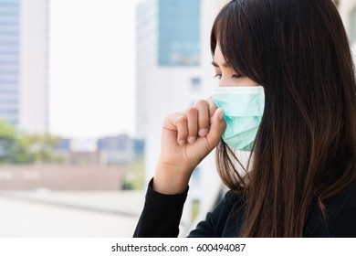 Asian Woman Wear Face Mask Sick In Pollution City