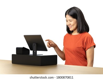 Asian Woman Wear Red T-shirt With Cashier Desk 