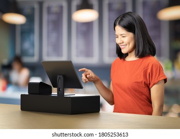 Asian Woman Wear Red T-shirt With Cashier Desk 