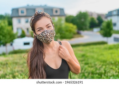 Asian Woman Wearing Face Mask Casual Summer Portrait Coronavirus People Lifesytle. Fashion Ppe Leopard Print Fabric. Beauty Model.