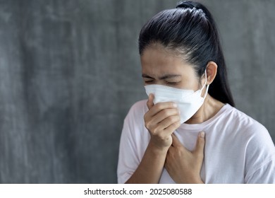 Asian Woman Wearing Protective Mask, Cough, Headache, Chest Pain