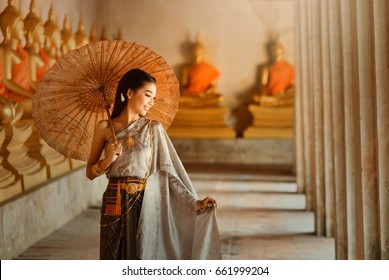 Asian Woman Wearing Traditional Thai Culture,vintage Style,Thailand 