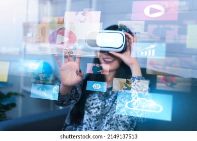 Asian Woman Wearing Virtual Reality Vr Stock Photo 2149137513