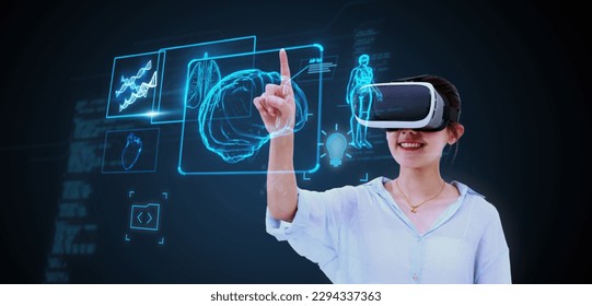 Asian woman wearing VR virtual reality headset gear learning, studying biology, medical science, educational technology, fun while visual learning, having fun and being entertained, innovation tech.