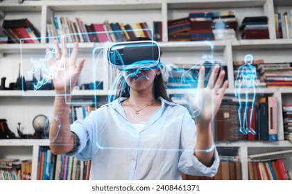 Asian woman wearing VR virtual reality headset gear learning, studying biology, medical science, educational technology, fun while visual learning, having fun and being entertained, innovation tech.