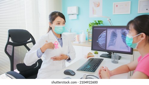 Asian Woman Wears Face Mask To Prevent COVID19 Has Breast Cancer Diagnosis In Hospital - Female Doctor Shows Mammography Test Result And Xray To Patient On Computer And Teaches Her Examine By Self