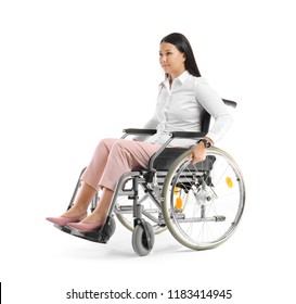 Asian Woman In Wheelchair On White Background