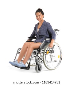 Asian Woman In Wheelchair On White Background